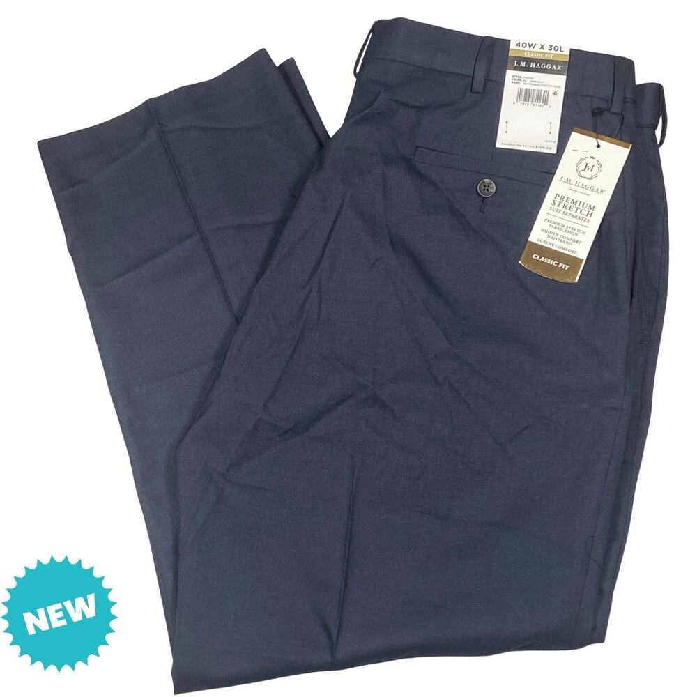 J.M. Haggar Mens 40x30 Classic Fit Premium Stretch Navy Suit Pant NEW $100